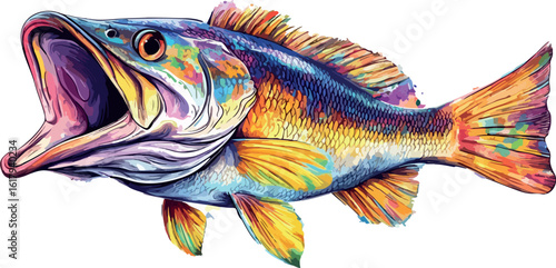 Colorful Fish Illustration with Open Mouth on White Background