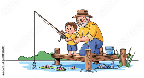 Grandfather and grandson enjoy a peaceful day fishing on the pier