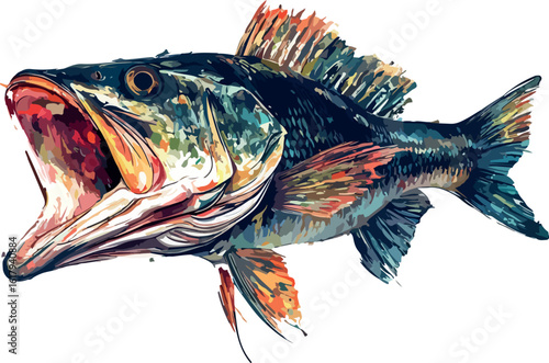Colorful Illustration of a Largemouth Bass with Open Mouth on White