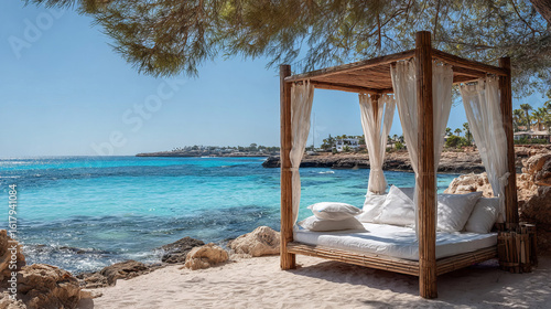 Wallpaper Mural Bamboo Cabana Bed on Mediterranean Beach – Balearic Island Summer Vibes Torontodigital.ca