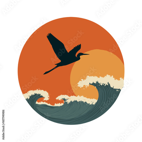 A crane gracefully soaring above ocean waves at sunset.