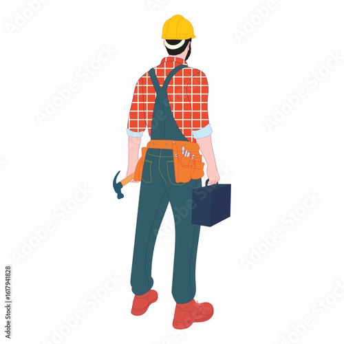 Illustration of male construction worker from behind, wearing a helmet, tool belt, and holding toolbox. Flat design style suitable for industrial or repair themes.