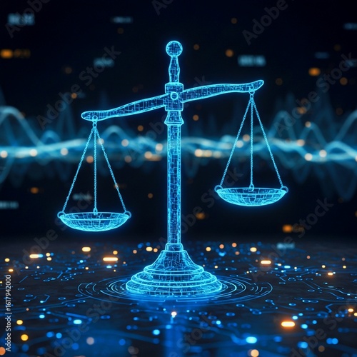 scales of justice and money, Digital balancing scale justice, fairness in modern technology environment. Holographic scales balance on illuminated datum background of ai circuitry. Innovation concept 