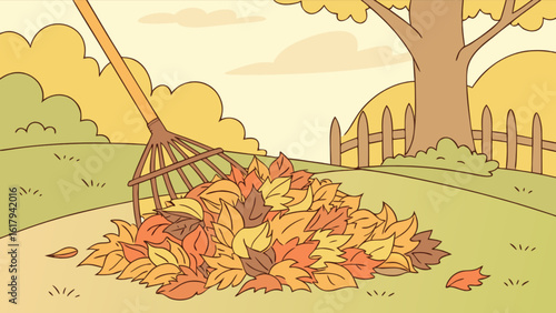 A pile of autumn leaves is being raked in the yard