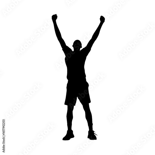 Silhouette of a person with arms raised in triumph and elation.