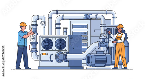 Mechanical Engineers Working On Complex Industrial Machinery Installation And Maintenance
