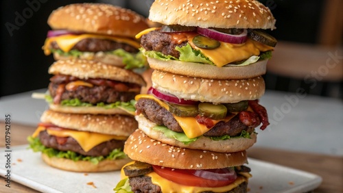 An isolated cheeseburger with lettuce, tomato, and onion on a black plate