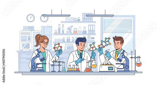 Scientists studying molecules and chemical compounds in a laboratory setting, conducting research and experimentation