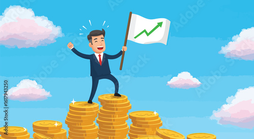 Cartoon Businessman on Top of Money Stacks Holding an Upward Trend Flag