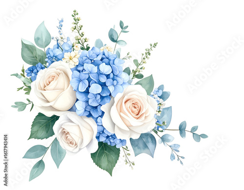 Elegant Watercolor Floral Bouquet with Roses and Hydrangeas for Wedding Stationery