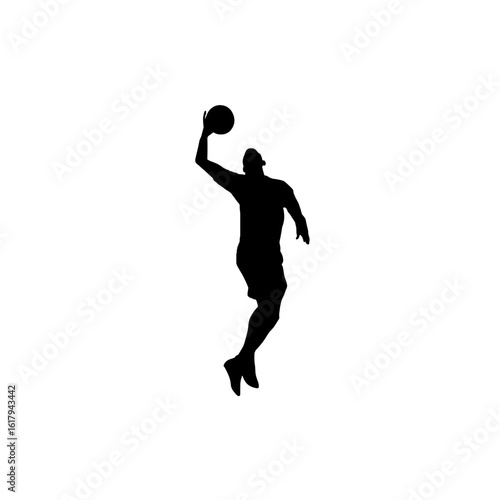Dynamic silhouette of a basketball player in mid-air, poised for a slam dunk.