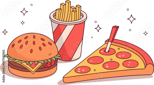 A vibrant, whimsical display of fast food items arranged in a fun, eye-catching layout