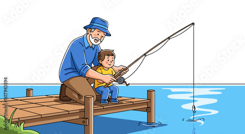 A grandfather and grandson enjoy fishing together on a sunny day by the water
