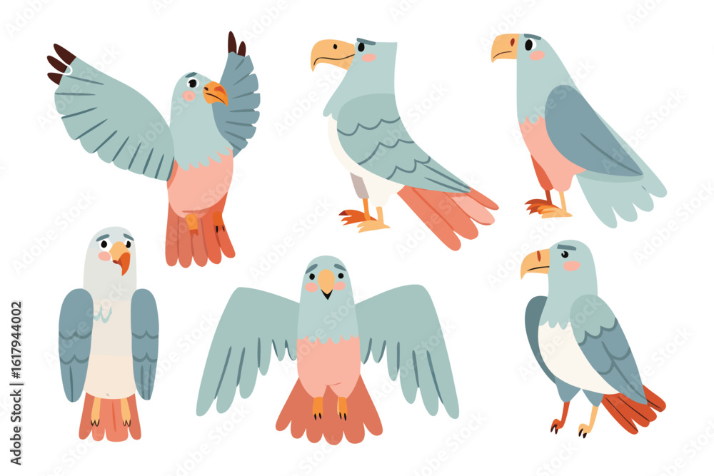 Fototapeta premium Feathered Aerial Aces: A charming collection of stylized bird illustrations, each displaying unique postures and expressions, perfect for adding a touch of whimsy to any design project.