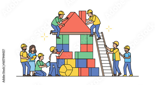 Collaborative Building Project with Diverse Team Members Constructing a Colorful Structure