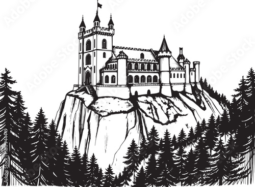 A castle in the remote wilderness. Hand drawn vector illustration