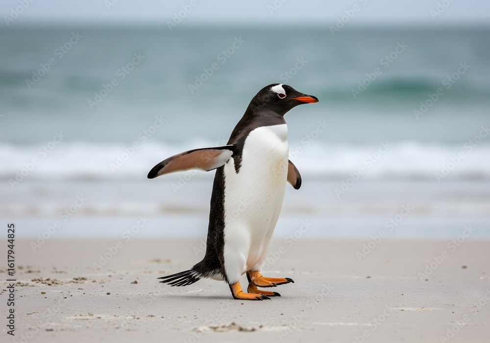 Fototapeta premium penguin has a black head, white belly, orange feet. King Penguin Aptenodytes patagonicus Chicks in Creche in the rain.a Gentoo penguin standing on a sandy beach, wings outstretched and one leg raised.