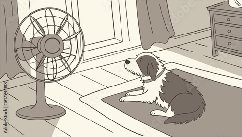A cute sheepdog is sitting on a rug in front of a fan to cool off from the summer heat, depicted in a cartoon illustration
