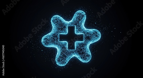 A neon blue wireframe cross shape within a starburst on a black background