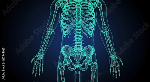 A neon blue wireframe skeleton of a human torso and arms on a dark background