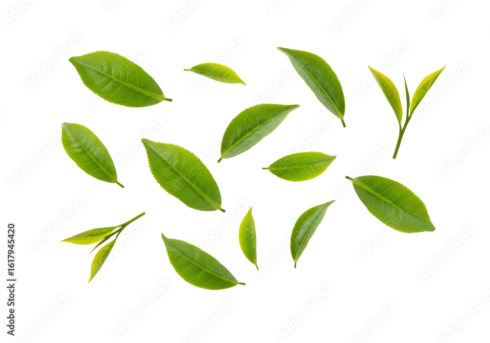 Fototapeta premium Vibrant green tea leaves scattered, symbolizing freshness and natural wellness for health products