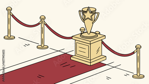 A golden trophy on a red carpet, symbolizing success, achievement, and glamorous recognition at an awards ceremony