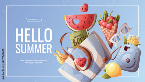 Summer banner with instant camera, beach bag, lemon, watermelon, cherries. Vector illustration for promo, sale, flyer, banner.	