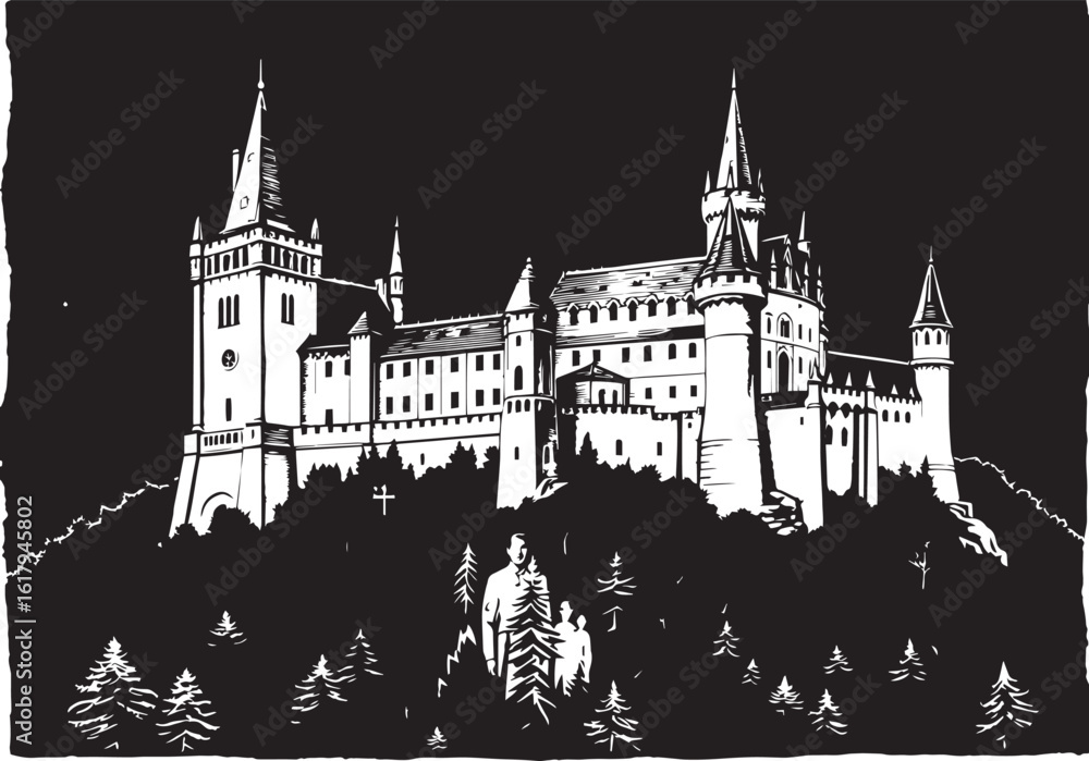 Obraz premium A castle in the remote wilderness. Hand drawn vector illustration
