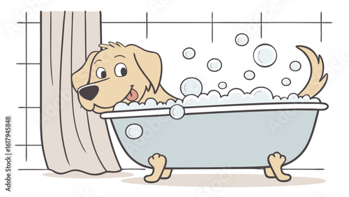 A happy puppy is taking a bubble bath in a bathtub, isolated on white background