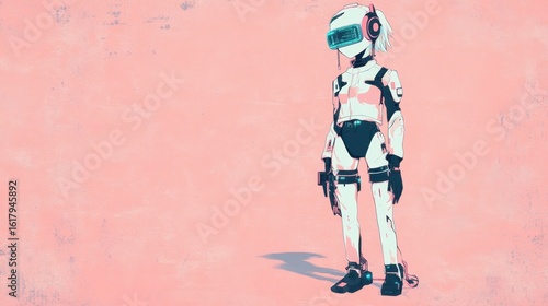 Pastel-toned futuristic figure in VR headset.