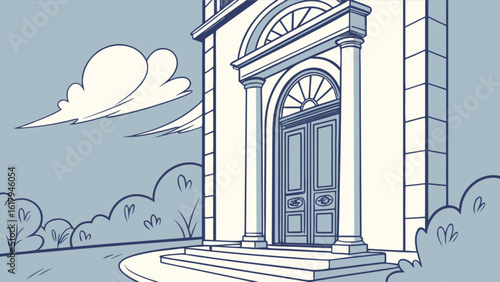 Illustration of a grand building facade with an arched entrance, columns, and steps, set against a backdrop of a cloudy sky and landscaped grounds