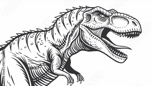 Detailed black and white illustration of a tyrannosaurus rex, showcasing its powerful jaws, sharp teeth, and prehistoric features