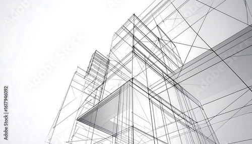 Architectural Blueprint: Modern Building Design with Geometric Lines Structure