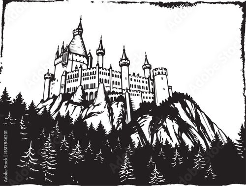 A castle in the remote wilderness. Hand drawn vector illustration