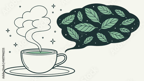 A steaming cup of herbal tea with leaves floating in the steam, suggesting a natural and healthy beverage for relaxation and wellness
