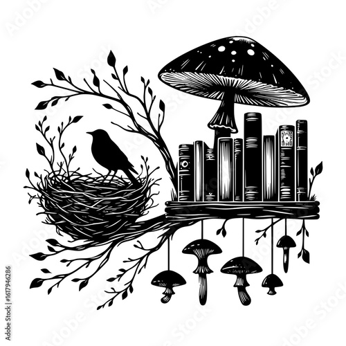 Whimsical illustration of a bird in a nest on a branch with books and mushrooms