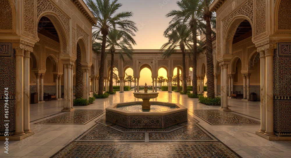Obraz premium Tranquil sunset in a luxurious Moorish palace courtyard with an ornate fountain and elegant archways