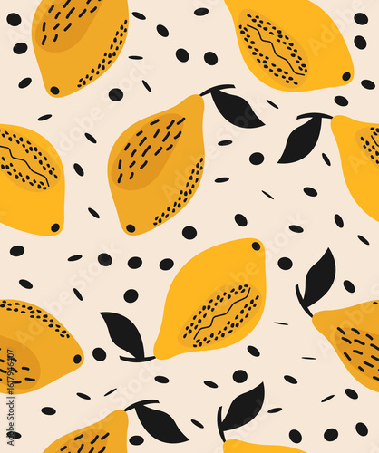 Pattern of decorative lemons on a pale beige background.