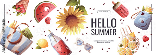 Summer banner design with sunflower, instant camera, beach bag, lemons, watermelon smoothie, popsicle, cherries. Vector illustration for promo, sale, flyer, banner.