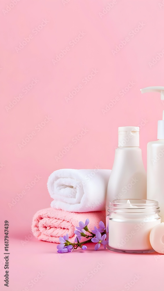 Spa and Wellness Still Life with Towels Lotion and Flowers on Pink Background Promoting Relaxation and Self Care Beauty Products Spa and Wellness Still Life with Towels Lotion and Flowers on Pink Background Promoting Relaxation and Self Care Beauty Products