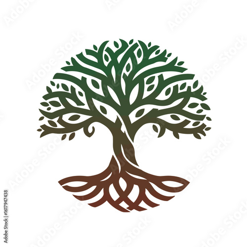 Stylized Tree of Life illustration with interwoven roots and branches in a circular design. Vector graphic logo concept.