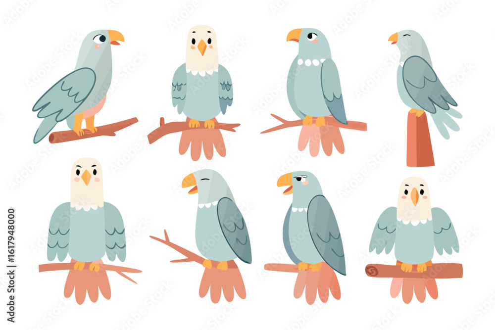 Naklejka premium Bird Collection in a Whimsical Display: A delightful assortment of friendly birds perching on various branches, radiating charm and playfulness, creating a heartwarming illustrative scene.