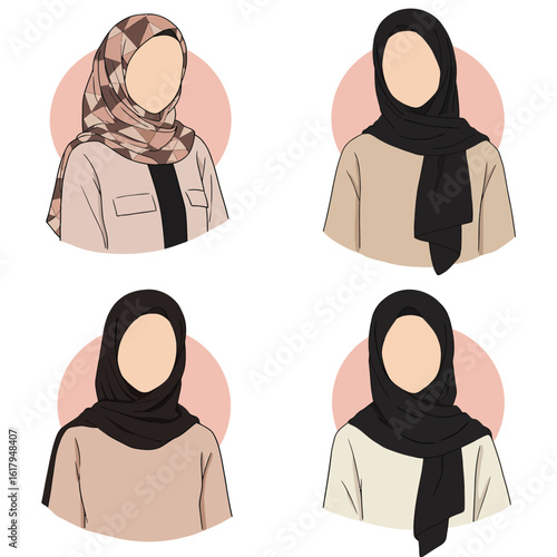 Illustration of four women wearing different styles of hijab and modest clothing