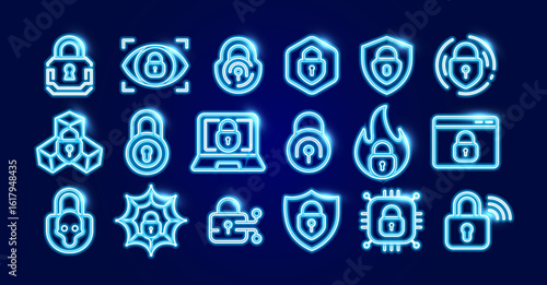 Glowing neon cybersecurity icons set showing padlocks shields browser, laptop chip virus alert. Digital protection firewall antivirus privacy. Futuristic glowing logo collection. Vector illustration