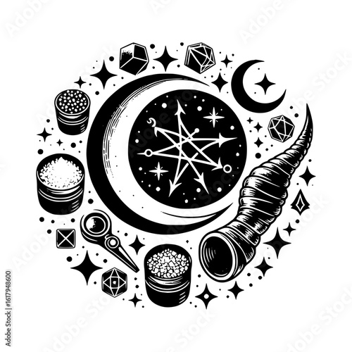 Mystical occult symbols and tools arranged around a crescent moon