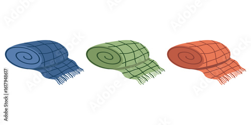 Set of Plaid Blanket Rolls, Cozy Plaid Illustrations, Flat Design Plaid Textile Rolls, Blue, Green, Red