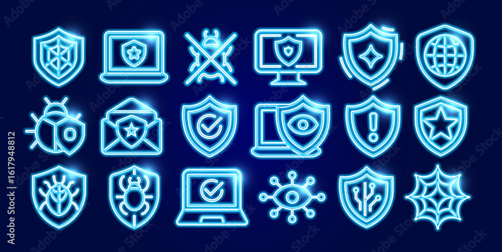 Antivirus cybersecurity neon icon set with bugs, shields, laptops, privacy protection. Perfect for UI design, software, IT security graphic design. Futuristic glowing line logos. Vector illustration Antivirus cybersecurity neon icon set with bugs, shields, laptops, privacy protection. Perfect for UI design, software, IT security graphic design. Futuristic glowing line logos. Vector illustration