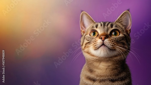 Curious tabby cat gazes upwards with colorful background in soft lighting