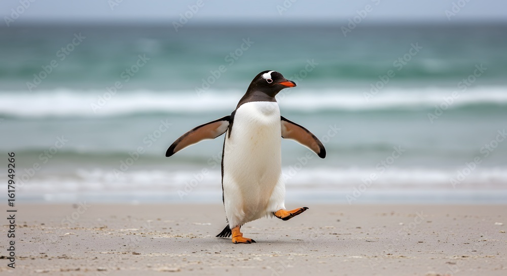 Naklejka premium penguin has a black head, white belly, orange feet. King Penguin Aptenodytes patagonicus Chicks in Creche in the rain.a Gentoo penguin standing on a sandy beach, wings outstretched and one leg raised.