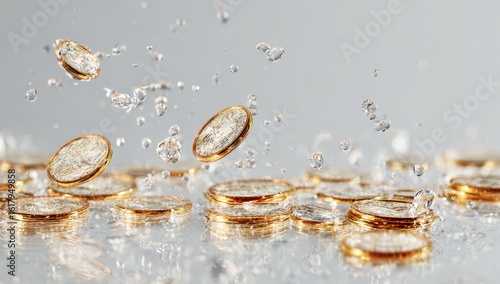 Gold coins suspended in mid-air, water droplets splashing